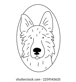 Vector isolated cute cartoon dog portrait in oval frame sheepdog shepherd colorless black and white contour line easy drawing