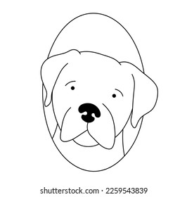 Vector isolated cute cartoon dog portrait in oval frame rottweller colorless black and white contour line easy drawing