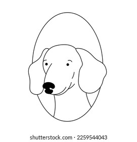 Vector isolated cute cartoon dog portrait in oval frame dachshund  colorless black and white contour line easy drawing