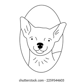 Vector isolated cute cartoon dog portrait in oval frame chihuahua  colorless black and white contour line easy drawing
