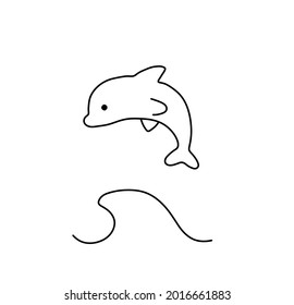 Vector isolated cute cartoon dolphin jumping out of the water. Small line dolphin drawing.