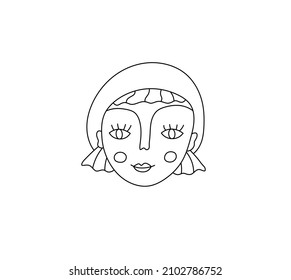 Vector isolated cute cartoon doodle woman head in hat or beret colorless black and white line drawing