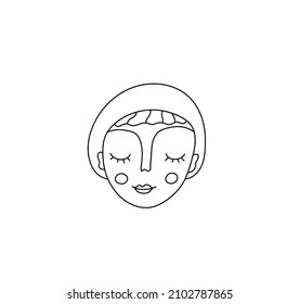 Vector Isolated Cute Cartoon Doodle Woman Head In Hat Or Swimming Cap Colorless Black And White Line Drawing