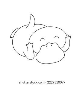 Vector isolated cute cartoon duckbill platypus character lying on stomach colorless black and white contour line easy drawing