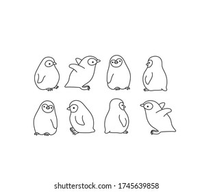 Vector isolated cute cartoon eight penguins in different poses set  colorless black   white contour line easy drawing