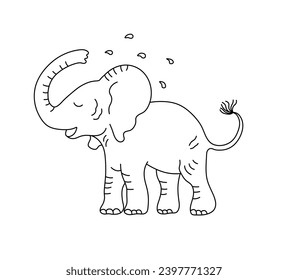 Vector aislado lindo tierno elefante de dibujos animados lava con agua desde la vista lateral del maletero línea de contorno blanco y negro incoloro dibujo fácil	