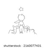 Vector isolated cute cartoon fairy tale characters Littl prince boy and fox standing on moon colorless black and white contour line drawing