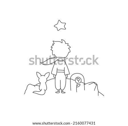 Vector isolated cute cartoon fairy tale characters Littl prince boy and fox standing on moon colorless black and white contour line drawing Foto stock © 