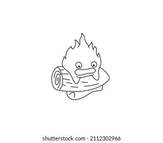 Vector isolated cute cartoon fire character drawing, live fire with eyes face, burning log cartoon drawing