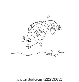 Vector isolated cute cartoon fish jumping out of the water colorless black and white contour line easy drawing