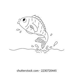 Vector isolated cute cartoon fish jumping out of the water colorless black and white contour line easy drawing