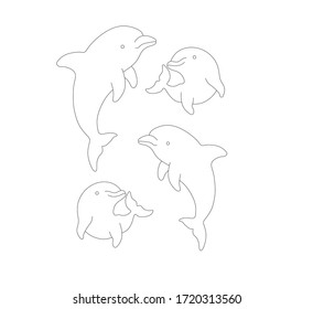 Vektorbesteck von Delphinen. Illustration von Delphin.  Linienzeichnung. Line Sketch. Farbseite. Cartoon-Delphin. Tattoo-Delphin. 