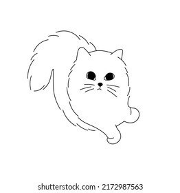 Vector aislado lindo dibujo de dibujos animados blanquecino esponjoso gato con ojos grandes negros dibujo de contorno blanco y negro incoloro