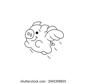 Vector isolated cute cartoon flying pig character. Colorless black and white flying winged pig contour line drawing