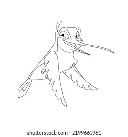 Vector isolated cute cartoon flying smiling hummingbird cartoon character colorless black and white contour line easy drawing