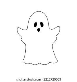 Vector isolated cute cartoon flying frightening ghost and eye holes under white sheet  colorless black   white contour line easy drawing