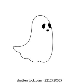 Vector isolated cute cartoon flying ghost and eye holes under white sheet  colorless black   white contour line easy drawing