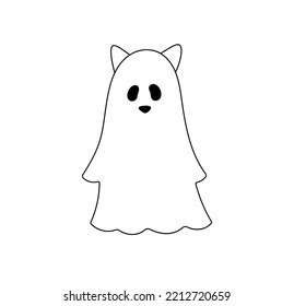 Vector isolated cute cartoon flying cat ghost and ears under white sheet  colorless black   white contour line easy drawing