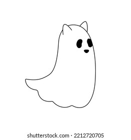 Vector isolated cute cartoon flying cat ghost and ears under white sheet  colorless black   white contour line easy drawing