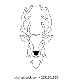 Vector isolated cute cartoon forest rein deer with big long horns head portrait front view colorless black and white contour line easy drawing