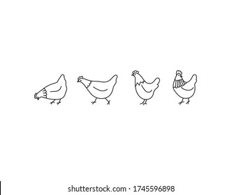 Vector isolated cute cartoon four chickens in different poses set side view colorless black and white contour line easy drawing