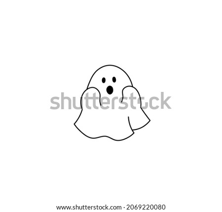 Vector isolated cute cartoon frightening ghost under the sheet line simple drawing. Drawn ghost boo pictogram symbol
