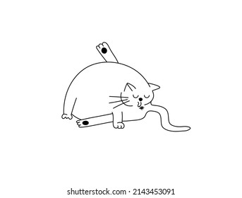 Vector Isolated Cute Cartoon Funny Fat Cat Licking His Ass Colorless Black And White Contour Line Doodle Drawing