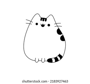 Vector isolated cute cartoon funny anime cat character colorless black and white contour line drawing