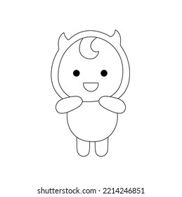 Vector isolated cute cartoon funny baby in devil pajamas colorless black and white contour line easy drawing
