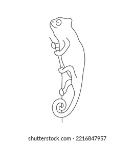 Vector isolated cute cartoon funny smiling chameleon crawling up a branch colorless black and white contour line easy drawing