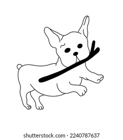 Vector isolated cute cartoon funny french bulldog dog puppy with stick colorless black and white contour line easy drawing