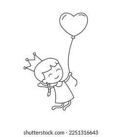 Vector aislado lindo caricatura graciosa feliz saltando niños con globo en línea de contorno negro y blanco incoloro de la corona dibujo fácil