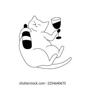 Vector isolated cute cartoon funny lying on back drunk cat with bottle and glass of wine colorless black and white contour line