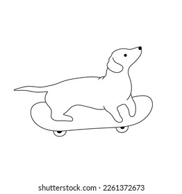 Vector isolated cute cartoon funny dog dachshund rides a skateboard colorless black and white contour line easy drawing