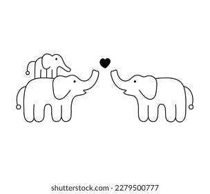 Vector isolated cute cartoon funny elephants family elephant father mother baby colorless black   white contour line easy drawing