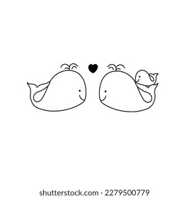 Vector isolated cute cartoon funny whales family whale father mother baby colorless black   white contour line easy drawing