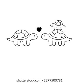 Vector isolated cute cartoon funny turtles family turtle father mother baby colorless black   white contour line easy drawing