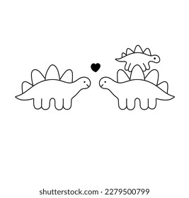Vector isolated cute cartoon funny dinos family dinosaur father mother baby colorless black   white contour line easy drawing
