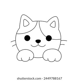 Vector isolated cute cartoon funny cat kitten head face muzzle with paws colorless black and white contour line easy drawing