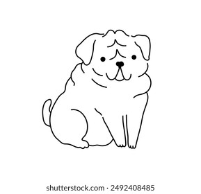 Vector isolated cute cartoon funny sitting pug colorless black and white contour line easy drawing