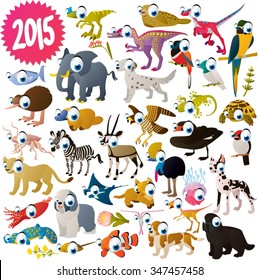 vector isolated cute cartoon funny collection set. African: dogs, sea life animals, birds and dinosaurs. For kids apps, books or illustration for nature lovers. 