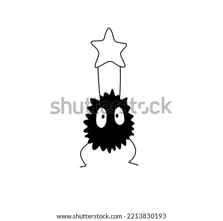 Vector isolated cute cartoon funny totoro black fluffy ball character with star in hands colorless black and white contour line easy drawing Foto stock © 