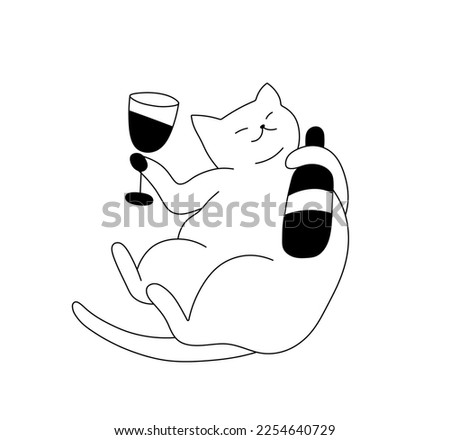 Vector isolated cute cartoon funny lying on back drunk cat with bottle and glass of wine colorless black and white contour line