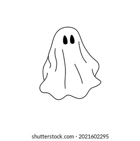Vector isolated cute cartoon ghost under the sheet contour line drawing  