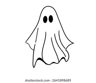 Vector isolated cute cartoon ghost under the sheet contour line drawing.