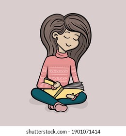 Vector isolated cute cartoon girl reading the book in pink sweater