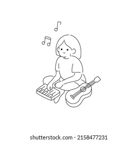 Vector Isolated Cute Cartoon Girl Playing On Synthesizer And Guitar Colorless Black And White Contour Line Drawing