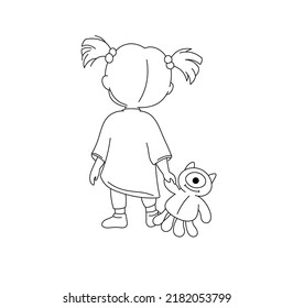 Vector isolated cute cartoon girl in pajamas and monster toy rear view colorless black   white contour line drawing