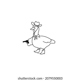 Vector isolated cute cartoon goose in boots and cowboy hat with a gun contour line drawing. Colorless black and white doodle funny goose cowboy outline sketch