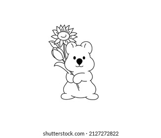 Vector isolated cute cartoon hamster or chinchilla with flower bouquet colorless black and white contour line drawing